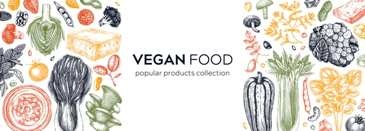 Vegan food sketched banner. Healthy food banner template. Middle eastern cuisine frame. Hand drawn vegan meals and ingredients for menu, recipe, packaging design. Vegan food sketches in color